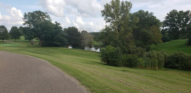 Image of golfcart path with fairway, green , and pond up ahead