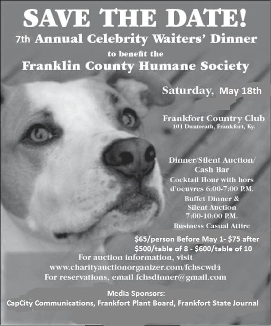 7th Annual Celebrity Waiters Dinner flyer with dog looking in the distance
