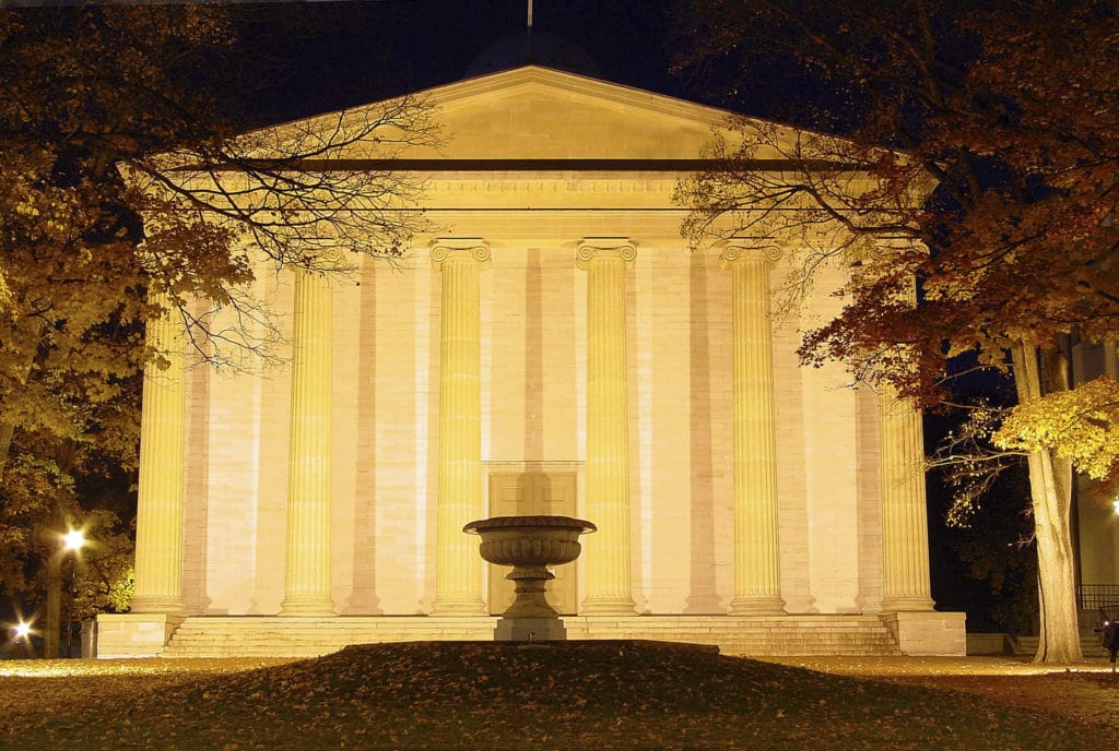 exterior shot of the Old State Capitol, illuminated at night