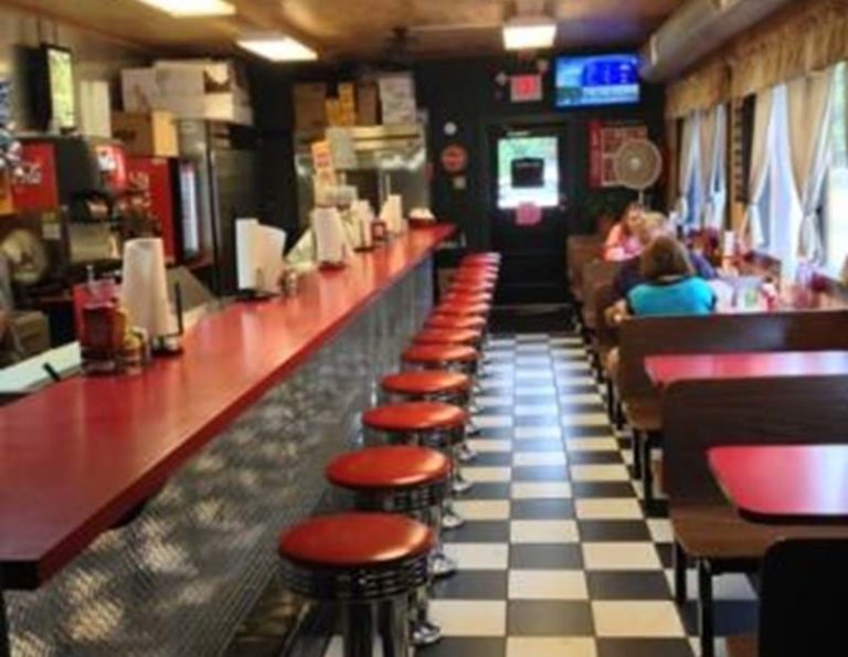 red bar stools lined up at a red counter, black and white checked floor and red booths