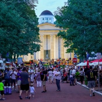 Old State Capitol building with crowd outside for Downtown Summer Concert Series