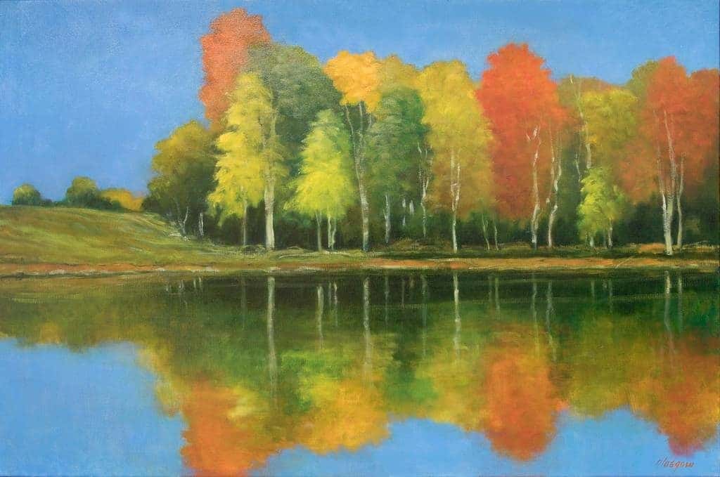 Painting of Fall Trees Reflection in water by Ellen Glasgow