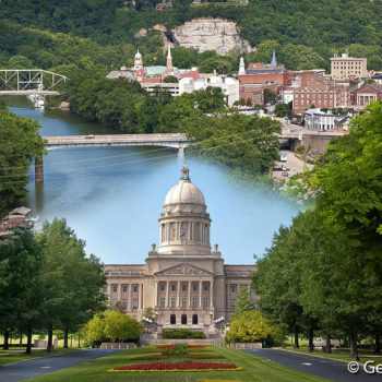 Frankfort composite, showing capitol building, river, and downtown, by Gene Burch