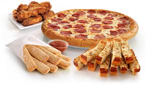 pepperoni pizza, crazy bread, cheese sticks, and wings