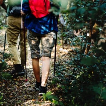 image of the back of two hikers with back packs on a trail
