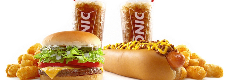 image of sonic burger, classic hot dog, and two sodas