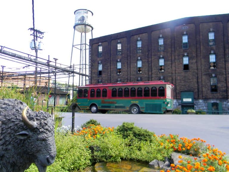 Trolley in front of Warehouse C at Buffalo Trace Distillery